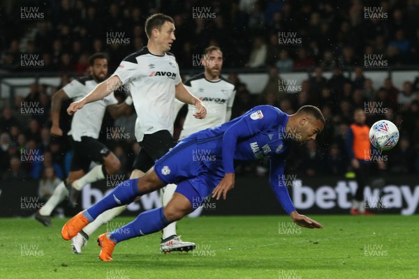 240418 - Derby County v Cardiff City, Sky Bet Championship - Kenneth Zohore of Cardiff City tries to head at goal