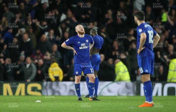 240418 - Derby County v Cardiff City, Sky Bet Championship - Aron Gunnarsson of Cardiff City reacts after Cameron Jerome of Derby County scores the third goal