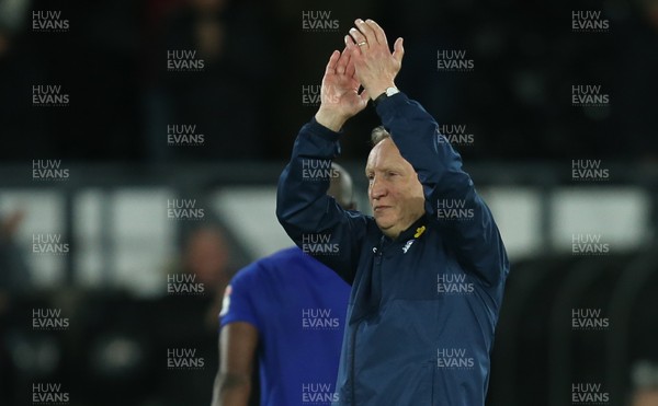 240418 - Derby County v Cardiff City, Sky Bet Championship - Cardiff City manager Neil Warnock applauds the travelling fans at the end of the match