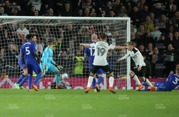 240418 - Derby County v Cardiff City, Sky Bet Championship - Matej Vydra of Derby County, right, scores the second goal