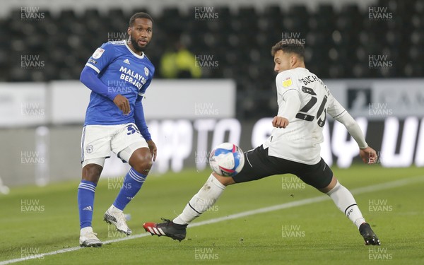 281020 - Derby County v Cardiff City - Sky Bet Championship - Junior Hoilett of Cardiff and Lee Buchanan of Derby