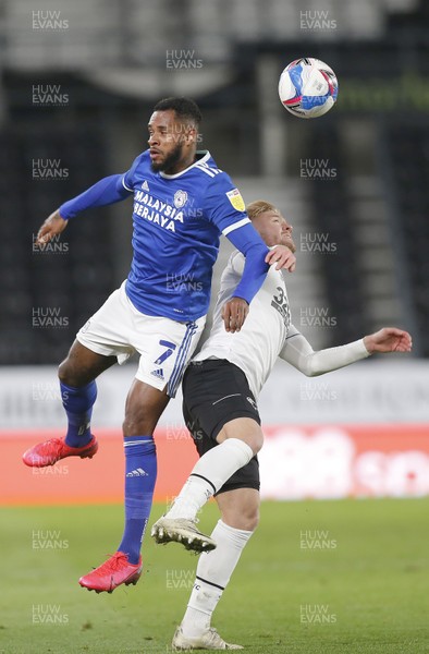 281020 - Derby County v Cardiff City - Sky Bet Championship - Leandra Bacuna of Cardiff and Kamil Jozwiak of Derby