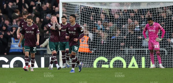 140226 - Derby County v Swansea City - Sky Bet Championship - Dejected Swansea players after  1st Derby goal 