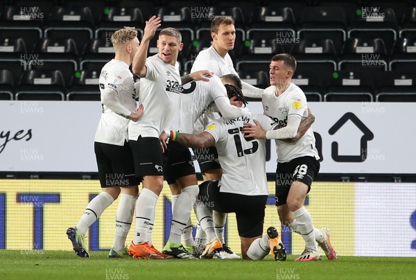 161220 - Derby County v Swansea City - SkyBet Championship - Colin Kazim-Richards of Derby County celebrates scoring a goal with team mates