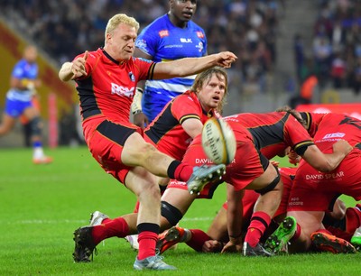 160525 - DHL Stormers v Cardiff Rugby - United Rugby Championship - Aled Davies of Cardiff kicks as Dan Thomas watches