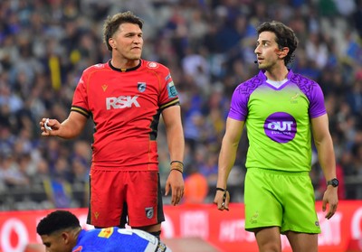 160525 - DHL Stormers v Cardiff Rugby - United Rugby Championship - Teddy Williams of Cardiff and referee Gianluca Gnecchi
