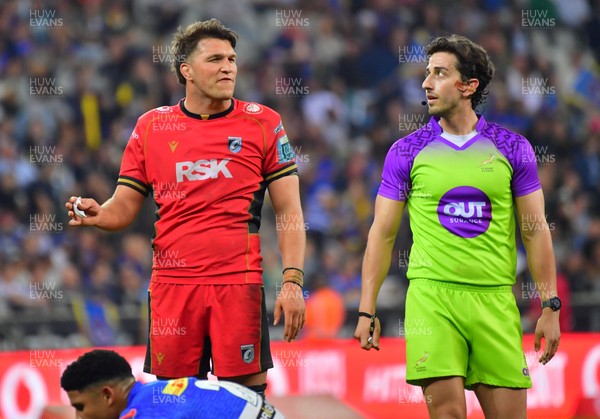 160525 - DHL Stormers v Cardiff Rugby - United Rugby Championship - Teddy Williams of Cardiff and referee Gianluca Gnecchi