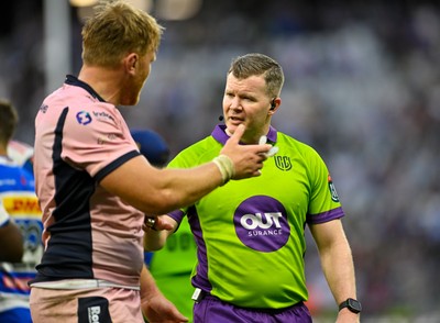 300525 - DHL Stormers v Cardiff Rugby - United Rugby Championship Quarter Final - Referee Eoghan Cross (Ireland) and Josh McNally of Cardiff Rugby