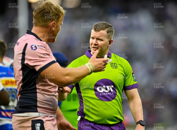 300525 - DHL Stormers v Cardiff Rugby - United Rugby Championship Quarter Final - Referee Eoghan Cross (Ireland) and Josh McNally of Cardiff Rugby