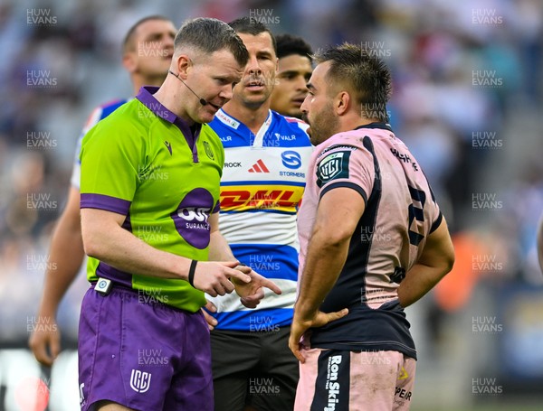 300525 - DHL Stormers v Cardiff Rugby - United Rugby Championship Quarter Final - Referee Eoghan Cross (Ireland) chats with Liam Belcher (Captain) of Cardiff Rugby