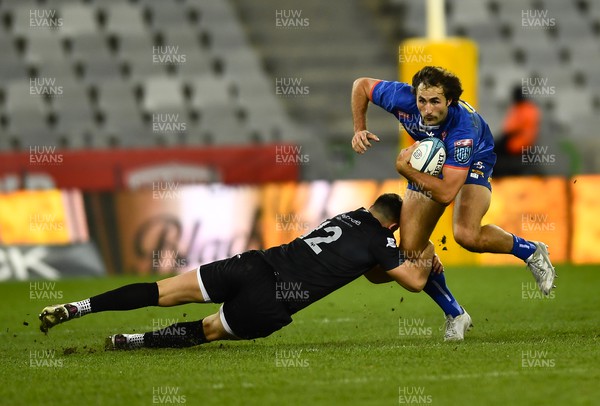 020422 - DHL Stormers v Ospreys - United Rugby Championship - Rikus Pretorius of the Stormers is tackled by Owen Watkin of Ospreys