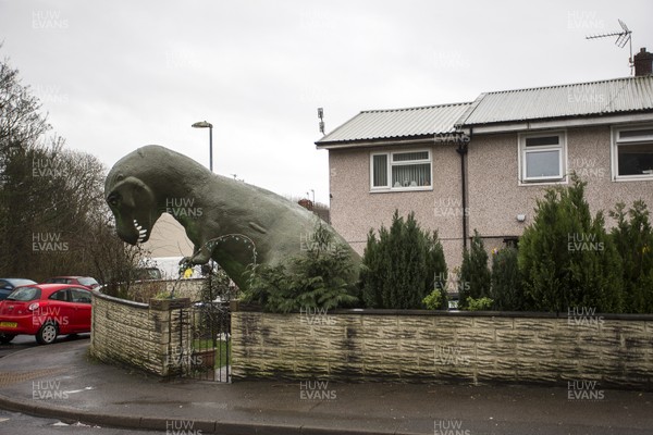 030319 - Picture shows a 15 ft tall dinosaur in the front garden of Jeremy Adams, in Cwmbran, South Wales The dinosaur is to raise money for diabetes charity JDRF