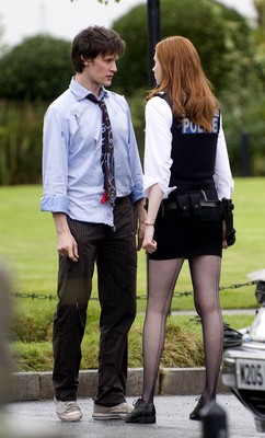 061009 - Doctor Who Filming, Cardiff - The Doctor, played by Matt Smith, and his assistant Amy Pond, played by Karen Gillan, during filming of the new series of Doctor Who in Cardiff