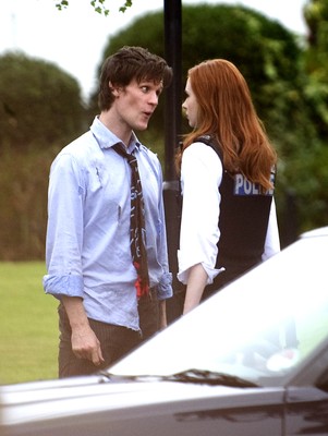 061009 - Doctor Who Filming, Cardiff - The Doctor, played by Matt Smith, and his assistant Amy Pond, played by Karen Gillan, during filming of the new series of Doctor Who in Cardiff