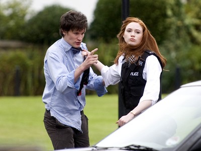 061009 - Doctor Who Filming, Cardiff - The Doctor, played by Matt Smith, and his assistant Amy Pond, played by Karen Gillan, during filming of the new series of Doctor Who in Cardiff