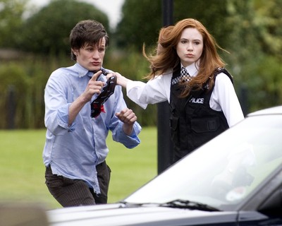 061009 - Doctor Who Filming, Cardiff - The Doctor, played by Matt Smith, and his assistant Amy Pond, played by Karen Gillan, during filming of the new series of Doctor Who in Cardiff