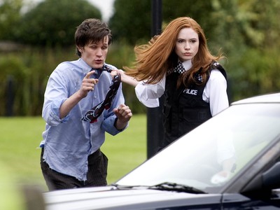 061009 - Doctor Who Filming, Cardiff - The Doctor, played by Matt Smith, and his assistant Amy Pond, played by Karen Gillan, during filming of the new series of Doctor Who in Cardiff