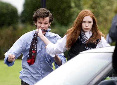 061009 - Doctor Who Filming, Cardiff - The Doctor, played by Matt Smith, and his assistant Amy Pond, played by Karen Gillan, during filming of the new series of Doctor Who in Cardiff