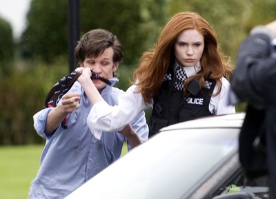 061009 - Doctor Who Filming, Cardiff - The Doctor, played by Matt Smith, and his assistant Amy Pond, played by Karen Gillan, during filming of the new series of Doctor Who in Cardiff