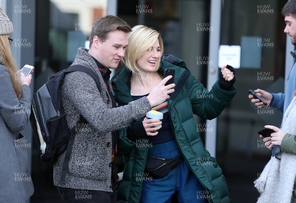 160218 - Doctor Who Filming -  Picture shows Jodie Whittaker having photos with fans outside Cardiff University, where they are filming the new season