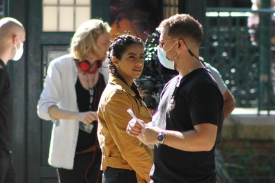 200921 - Doctor Who Series 13 Filming - Mandip Gill on location at Grange Gardens, Grangetown, Cardiff for what is believed to be the Doctor Who Centenary Special