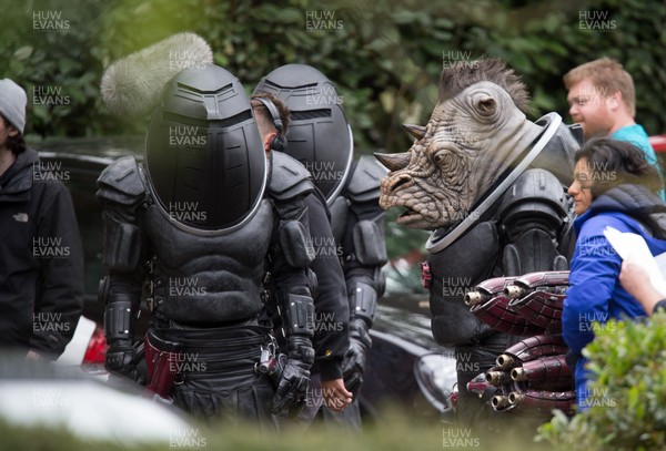300519 - Doctor Who Filming, Cardiff - Judoon characters wait for filming during Doctor Who filming session in Cardiff Bay