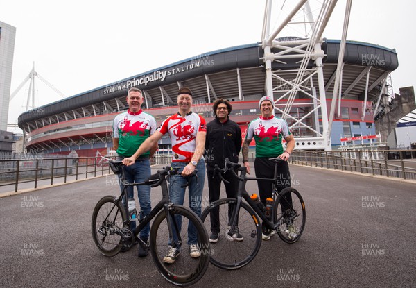 090222 - Former Wales rugby international players, left to right, Tony Copsey, Ian Gough, Colin Charvis and Alix Popham at the Principality Stadium before they travel to Scotland to participate in the Doddie Cup 500 cycle ride which will deliver the match ball to the Principality Stadium for the Wales v Scotland game, and raise funds and awareness for My Name'5 Doddie Foundation