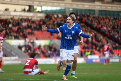 280226 - Doncaster Rovers v Cardiff City - Sky Bet League 1 - Cian Ashford celebrates his goal; 