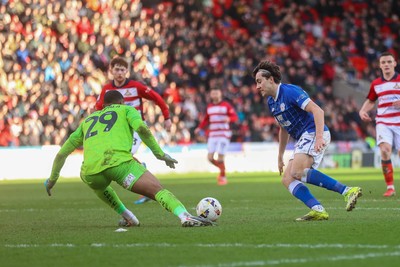 280226 - Doncaster Rovers v Cardiff City - Sky Bet League 1 - Joel Colwill through on goal 