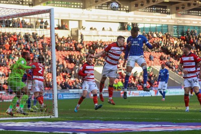280226 - Doncaster Rovers v Cardiff City - Sky Bet League 1 - Gabriel Osho heads over 