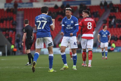 280226 - Doncaster Rovers v Cardiff City - Sky Bet League 1 - Callum Robinson and Joel Colwill celebrate Cardiff’s fourth goal 