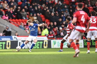 280226 - Doncaster Rovers v Cardiff City - Sky Bet League 1 - Will Fish crosses the ball 