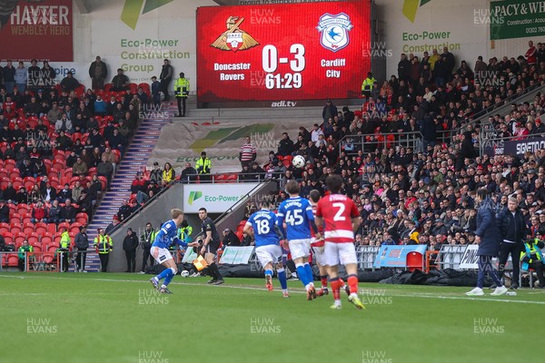 280226 - Doncaster Rovers v Cardiff City - Sky Bet League 1 - General view of the match with the scoreboard showing the score 
