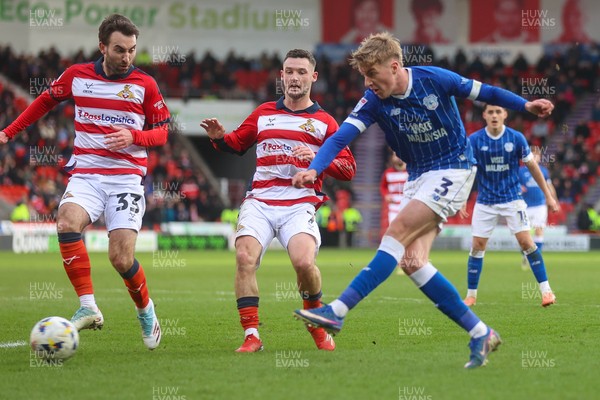 280226 - Doncaster Rovers v Cardiff City - Sky Bet League 1 - Joel Bagan shoots for Cardiff 