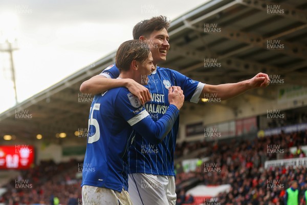 280226 - Doncaster Rovers v Cardiff City - Sky Bet League 1 - Cian Ashford and Rubin Colwill celebrate a goal for Cardiff 
