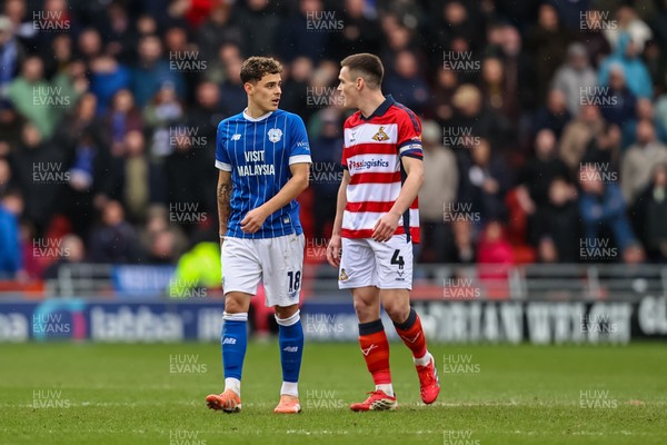 280226 - Doncaster Rovers v Cardiff City - Sky Bet League 1 - Alex Robertson and Owen Bailey exchange words 