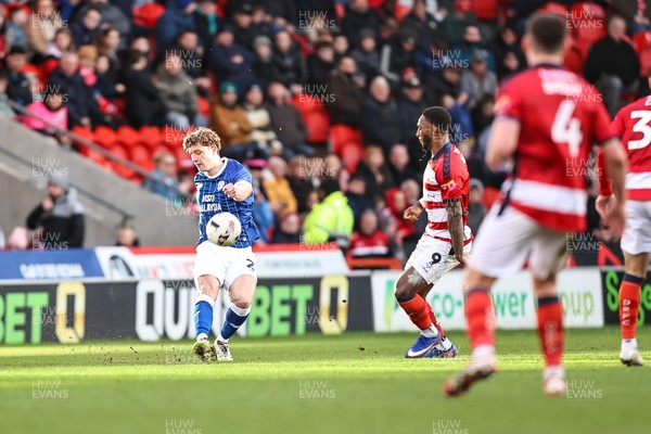 280226 - Doncaster Rovers v Cardiff City - Sky Bet League 1 - Will Fish puts a cross in 