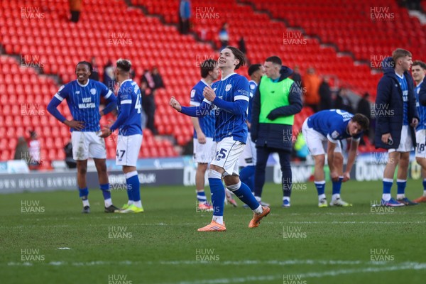 280226 - Doncaster Rovers v Cardiff City - Sky Bet League 1 - Cian Ashford celebrates at full time after Cardiff’s victory