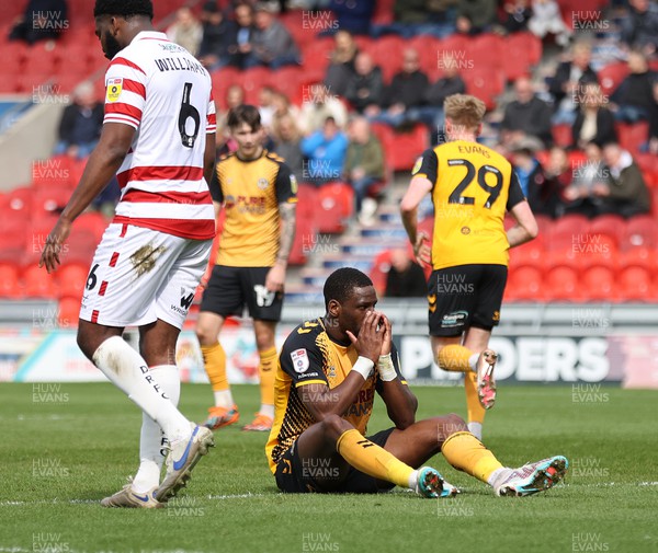 220423 - Doncaster Rovers v Newport County - Sky Bet League 2 - Omar Bogle of Newport County reacts to having a shot on goal go off target