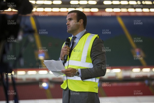 200420 -  Wales rugby player Jamie Roberts makes a speech during the Dragon's Heart Hospital Opening at The Principality Stadium, which is ready to accept patients during the coronavirus (Covid-19) pandemic