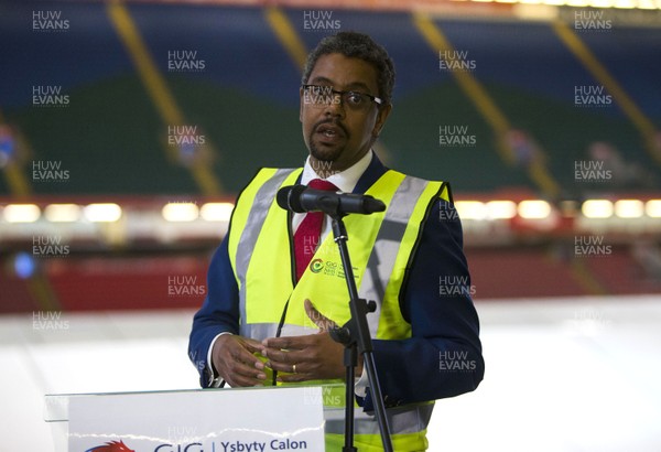 200420 -  Wales Minister for Health and Social Services Vaughan Gething AM makes a speech during the Dragon's Heart Hospital Opening at The Principality Stadium, which is ready to accept patients during the coronavirus (Covid-19) pandemic