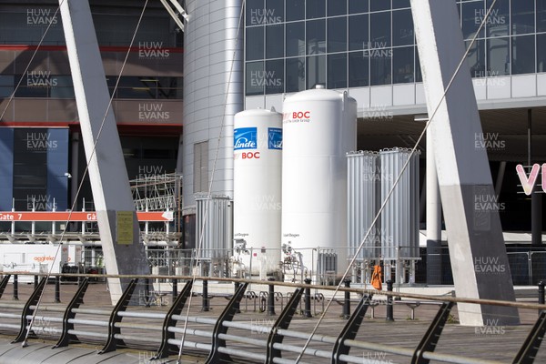 200420 - Dragon's Heart Hospital Opening at The Principality Stadium, which is ready to accept patients during the coronavirus (Covid-19) pandemic - Oxygen tanks outside the stadium