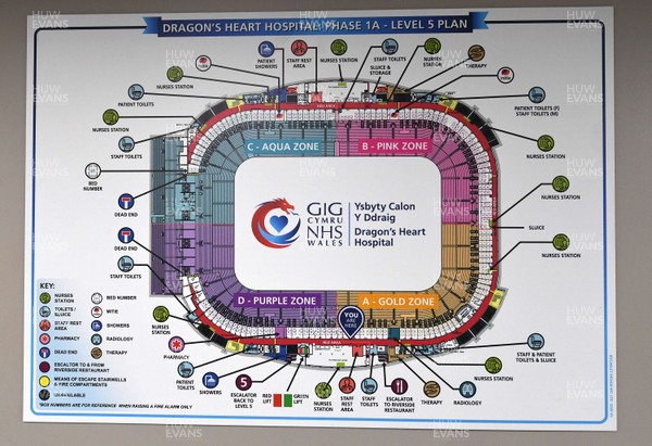 180420 -  A floor plan is seen on a wall during the Dragon's Heart Hospital Opening at The Principality Stadium, which is ready to accept patients during the coronavirus (Covid-19) pandemic