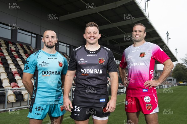280920 -  Jamie Roberts, Elliot Dee and Ollie Griffiths wearing the Dragons 2020/2021 home, away and European jerseys
