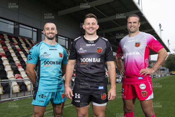 280920 -  Jamie Roberts, Elliot Dee and Ollie Griffiths wearing the Dragons 2020/2021 home, away and European jerseys
