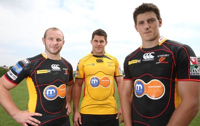 23.07.08 - Newport Gwent Dragons Kit and player announcement. Dragons new signings, (left to right), Tom Willis, Grant Webb and James Arlidge sporting the new Dragons kit for the forthcoming season. 