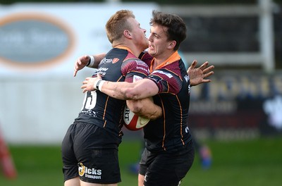 221016 - Dragons Premiership Select v Ealing - British & Irish Cup -Barney Nightingale of Dragons Premiership Select celebrates his first try with Owen Davies