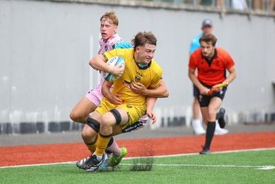 160826 - Dragons RFC U18 v Cardiff Rugby U18 - WRU Regional Age Grade Championship - Troy Raymond of Dragons is tackled by  Trystan Coates of Cardiff