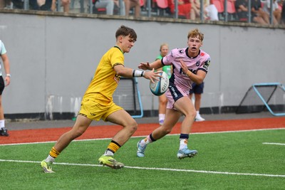 160826 - Dragons RFC U18 v Cardiff Rugby U18 - WRU Regional Age Grade Championship - Dylan Cole of Dragons clears to touch