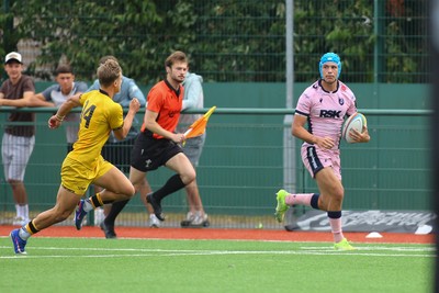 160826 - Dragons RFC U18 v Cardiff Rugby U18 - WRU Regional Age Grade Championship - Trystan Coates of Cardiff takes on Rhys Dyer of Dragons